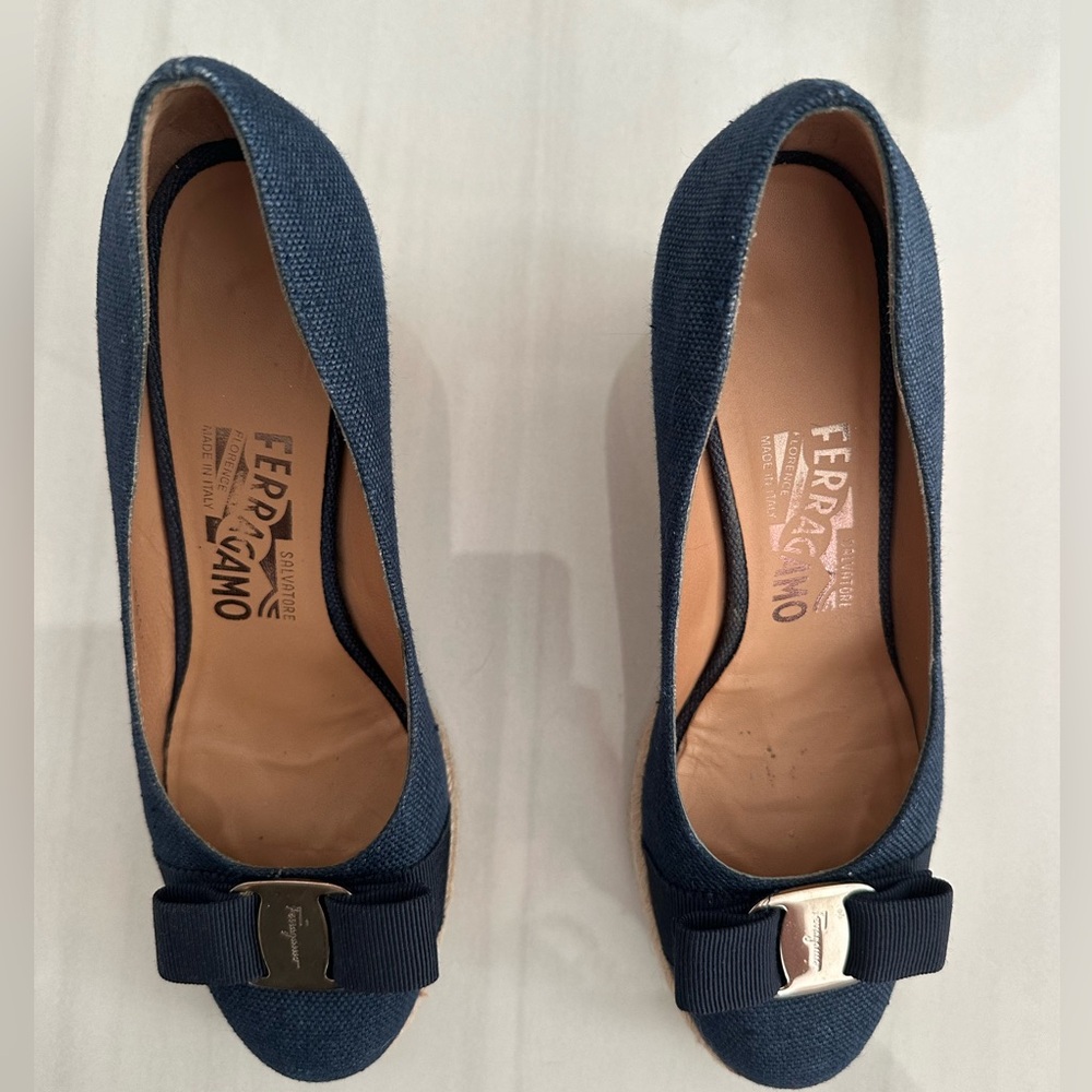 Ferragamo tweed and navy heels